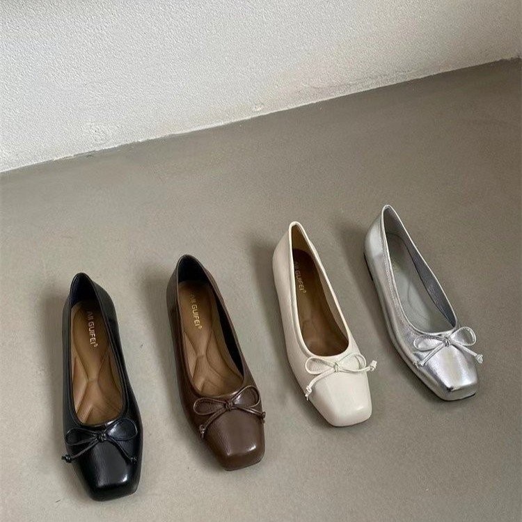รองเท้าส้นแบน หนัง PU พื้นนิ่ม หัวเหลี่ยม ประดับโบว์ สําหรับผู้หญิง ราคา ถูกที่สุด ดีลบีเคเค