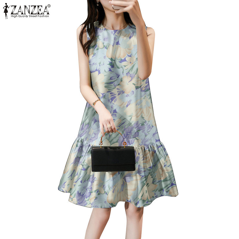 Zanzea ชุดเดรส แขนกุด พิมพ์ลาย สไตล์เกาหลี สําหรับผู้หญิง