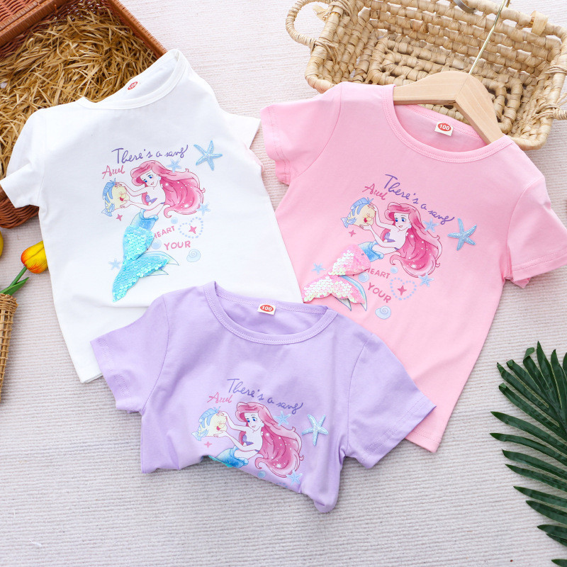 พร้อมส่ง เสื้อยืดแขนสั้น ผ้าฝ้าย ลายหางนางเงือก สามมิติ สไตล์เจ้าหญิง เหมาะกับฤดูร้อน สําหรับเด็กผู้หญิง 0