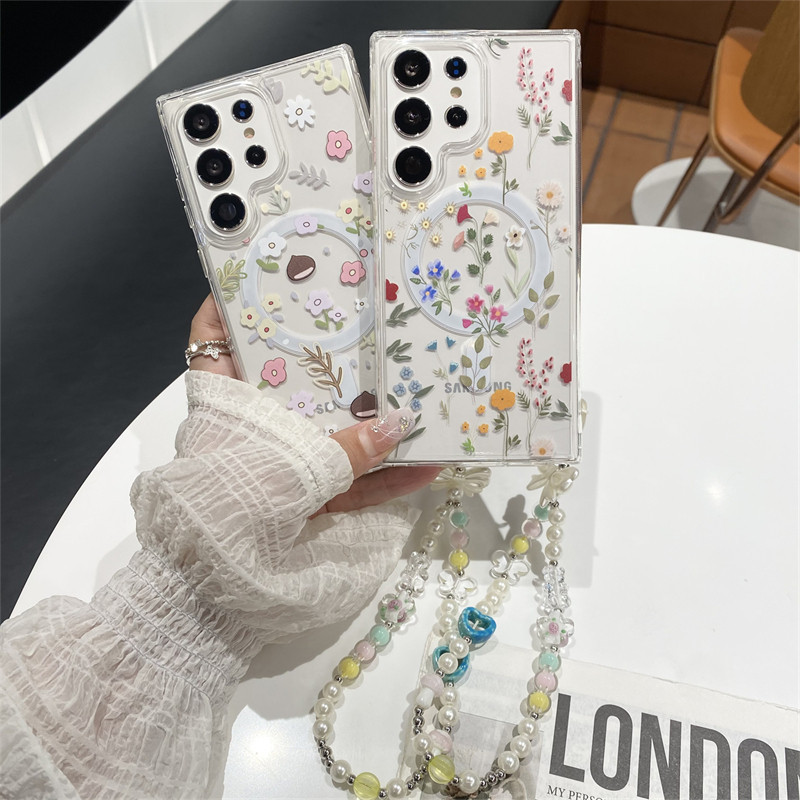 Samsung Galaxy S26 Ultra S24 เคสโทรศัพท์ดอกไม้สไตล์เกาหลีพิเศษ S25 S22 แม่เหล็กทรงพลังเป็นพิเศษรวมทุกอย่าง PC + TPU เคสป้องกัน