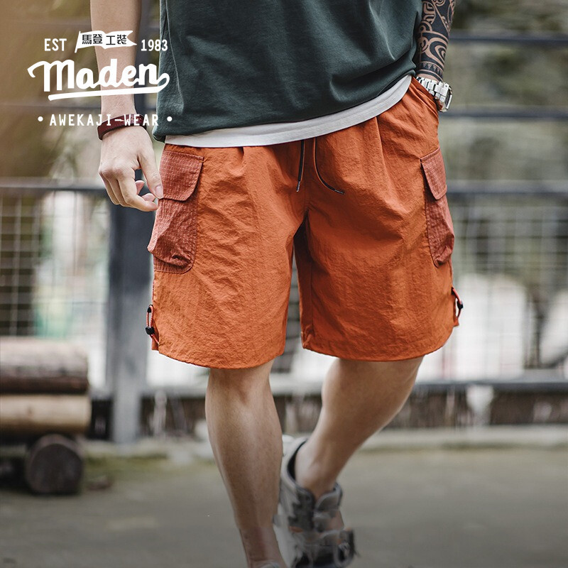 Maden ใหม่ กางเกงขาสั้น ขาห้าส่วน ผ้าไนล่อน ทรงหลวม สีส้ม สไตล์อเมริกัน เรโทร แฟชั่นฤดูร้อน สําหรับผู้ชาย 2024