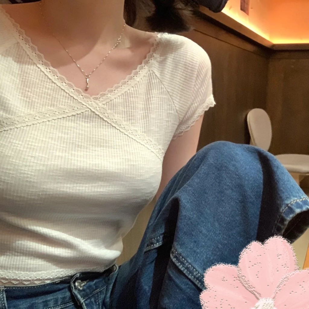 เสื้อยืดแขนสั้น เข้ารูป พิมพ์ลายลูกไม้ สีขาว แฟชั่นฤดูร้อน สไตล์ฝรั่งเศส