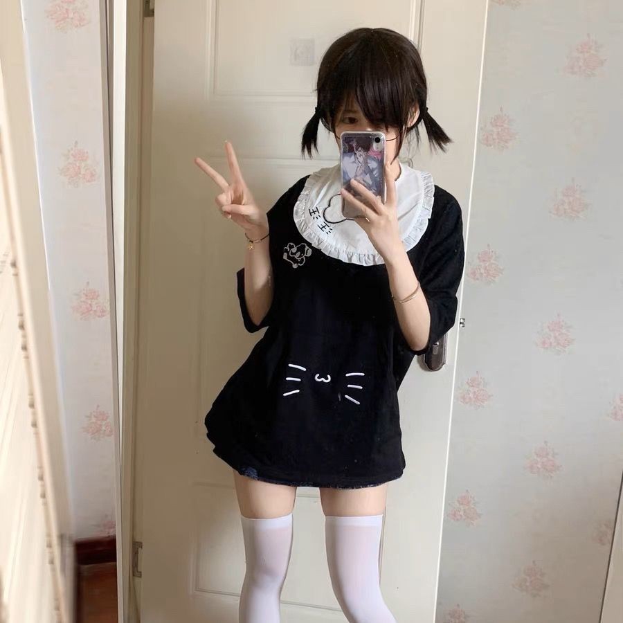 เสื้อยืดลําลอง แขนสั้น ปักลายกระดูกลูกสุนัขน่ารัก สีส้ม แฟชั่นฤดูร้อน สไตล์ญี่ปุ่น สําหรับสตรี 2024