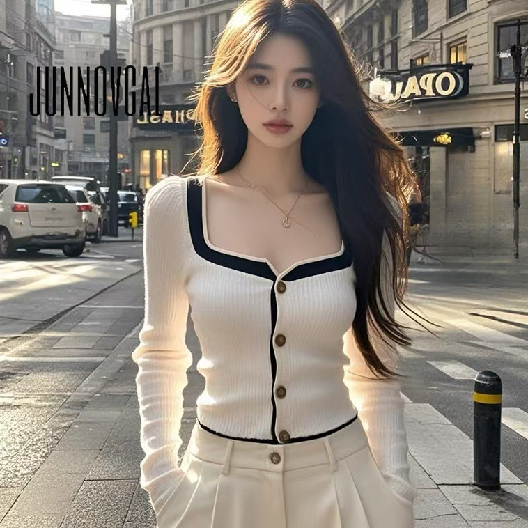 JUNNOVGAL เสื้อคาร์ดิแกนผู้หญิงคอเหลี่ยมสีตัดกัน แขนยาวลําลอง