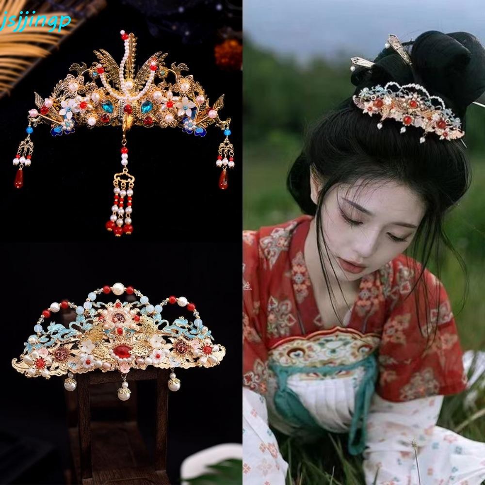 Jsjjingp มงกุฎผม Hanfu จีน, Tang Dynasty Headpiece ผู้ถือผมคริสตัล, โบราณราชวงศ์หมิงสีเคลือบ Vintage พู่เพิร์ลมงกุฎเครื่องประดับผม