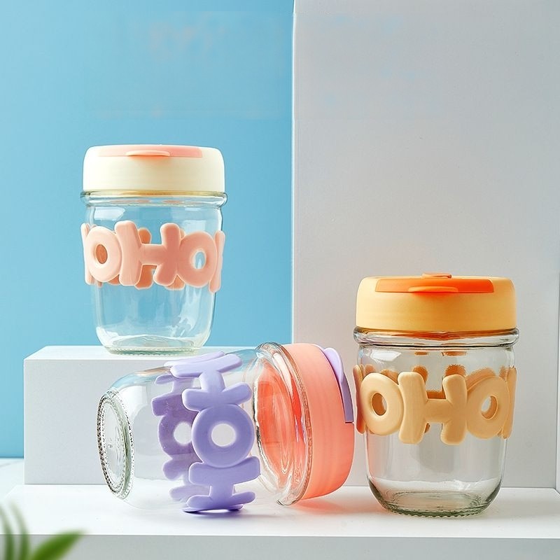 แก้วใส่น้ำ พร้อมหลอดแก้ว 350ML น่ารัก #W-0004