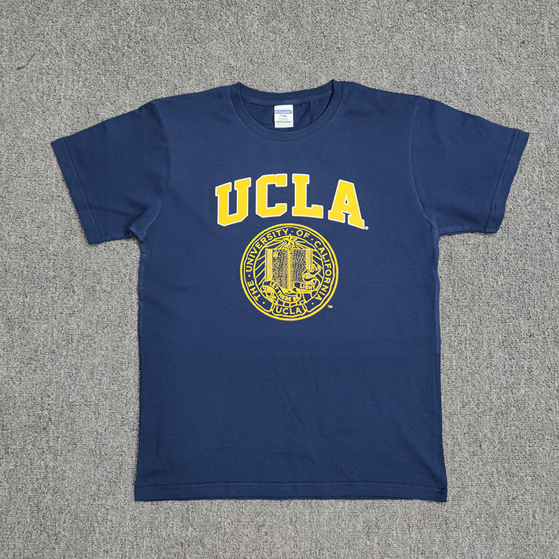 ผ้าฝ้ายแท้โรงเรียนที่มีชื่อเสียง UCLA California University School Uniform เสื้อยืดแขนสั้นพร้อมสต็อก