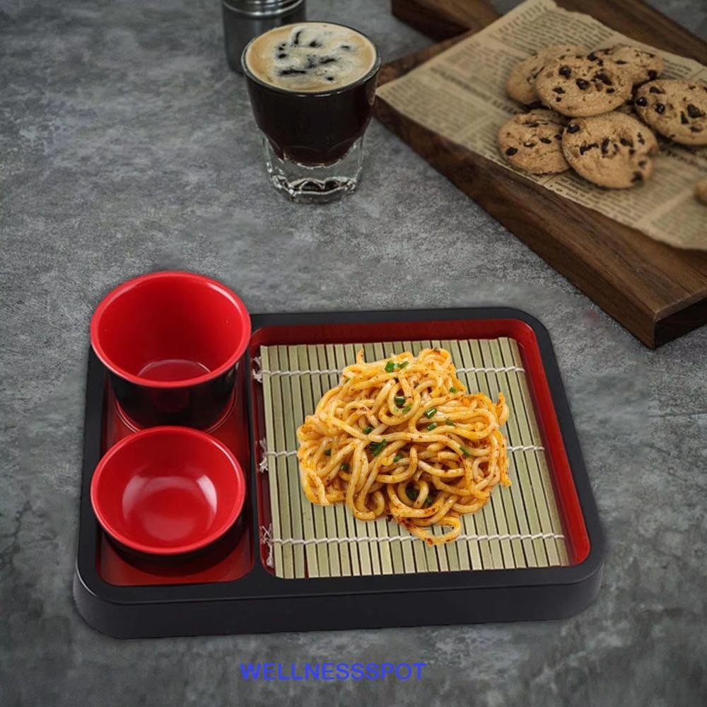Wellnessspot จานบะหมี่เย็นสไตล์ญี่ปุ่นพร้อมเสื่อไม้ไผ่ จานบะหมี่โซบะ, จานซอสอเนกประสงค์แฟชั่นถาดอาหารซูชิพลาสติกปาร์ตี้