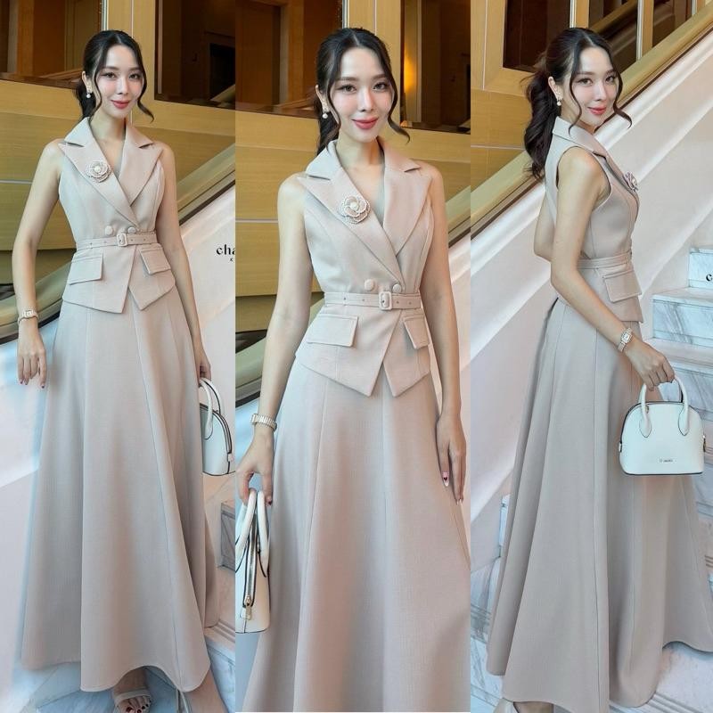 Hiso.closet l (พร้อมส่ง) Charissa17 Code 19000 เซ็ทเสื้อเวสกระโปรงน้ำตาล Hs.