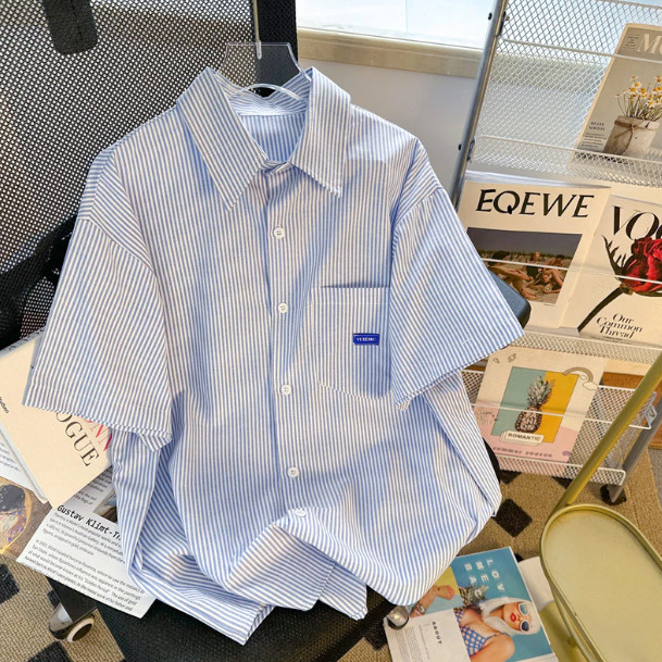 MSMS เสื้อเชิ้ตลาย ผู้ชาย คนพาล หล่ออเมริกันย้อนยุคหลวมสบายๆเสื้อแขนสั้นแจ็คเก็ต