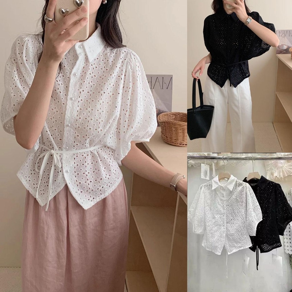 Dahong 💖เสื้อเบลาส์ลำลองสีพื้น แต่งตาไก่ เสื้อเชิ้ต ดูผอมบางเสื้อเชิ้ตแขนสั้น สำหรับสตรี แฟชั่น Women Clothing W518