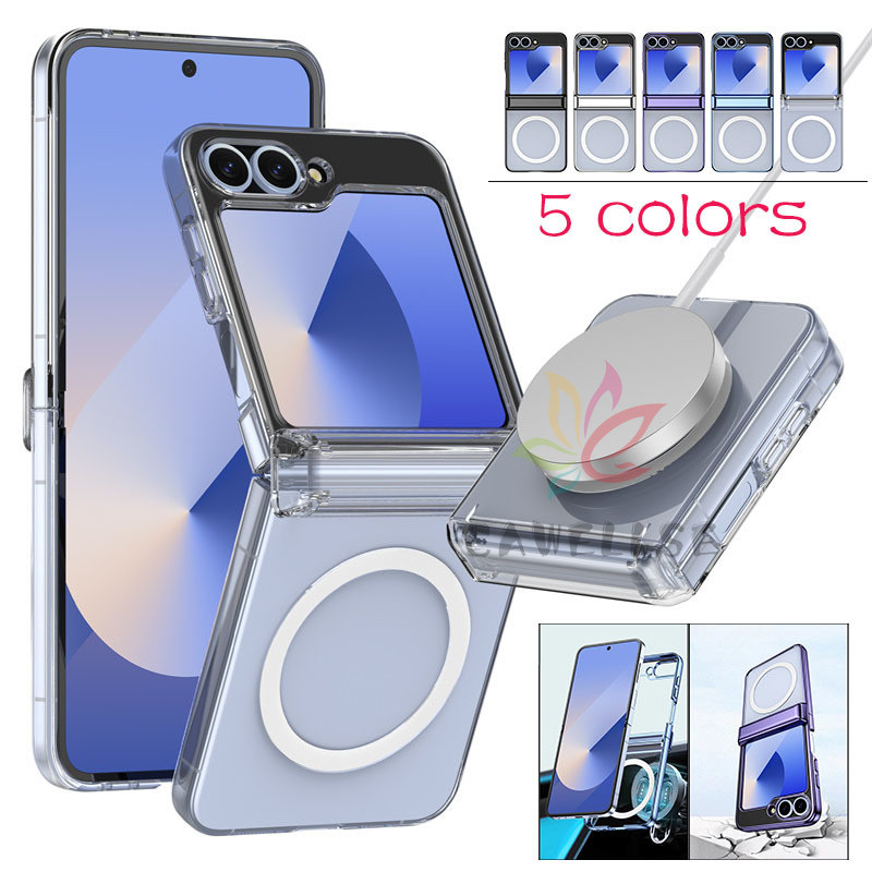 หรูหราชุบแม่เหล็กบานพับป้องกันกรณี Samsung Galaxy Z Flip 6 Z Flip 5 Flip 7 7FE คริสตัลใสกันกระแทกฝาครอบปลอก