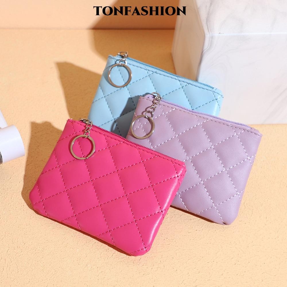 Tonfashion Slim Wallet, กระเป๋าใส่เหรียญซิปหนัง PU, ที่ใส่บัตรขนาดเล็กสีทึบเกาหลี
