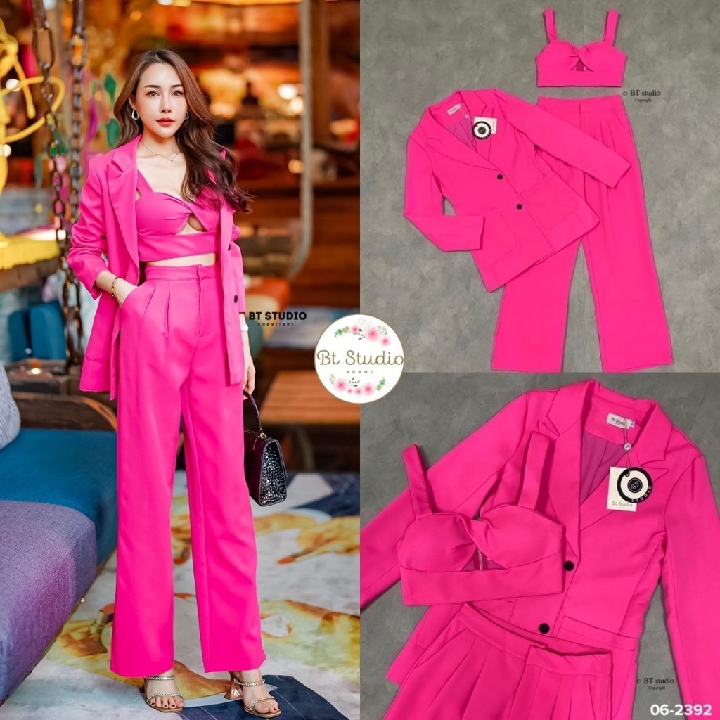 Kung_Maa (พร้อมส่ง) BT50-2392 เซท 3 ชิ้น เสื้อเบเซอร์แขนยาวคอปก มาพร้อมเสื้อครอปสายเดี่ยวซิปหลังกางเ