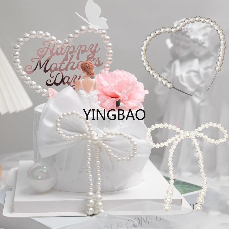 ท็อปเปอร์โบว์ ประดับไข่มุก รูปหัวใจ สําหรับตกแต่งเค้ก วันแม่ วันวาเลนไทน์ 2 แพ็ก