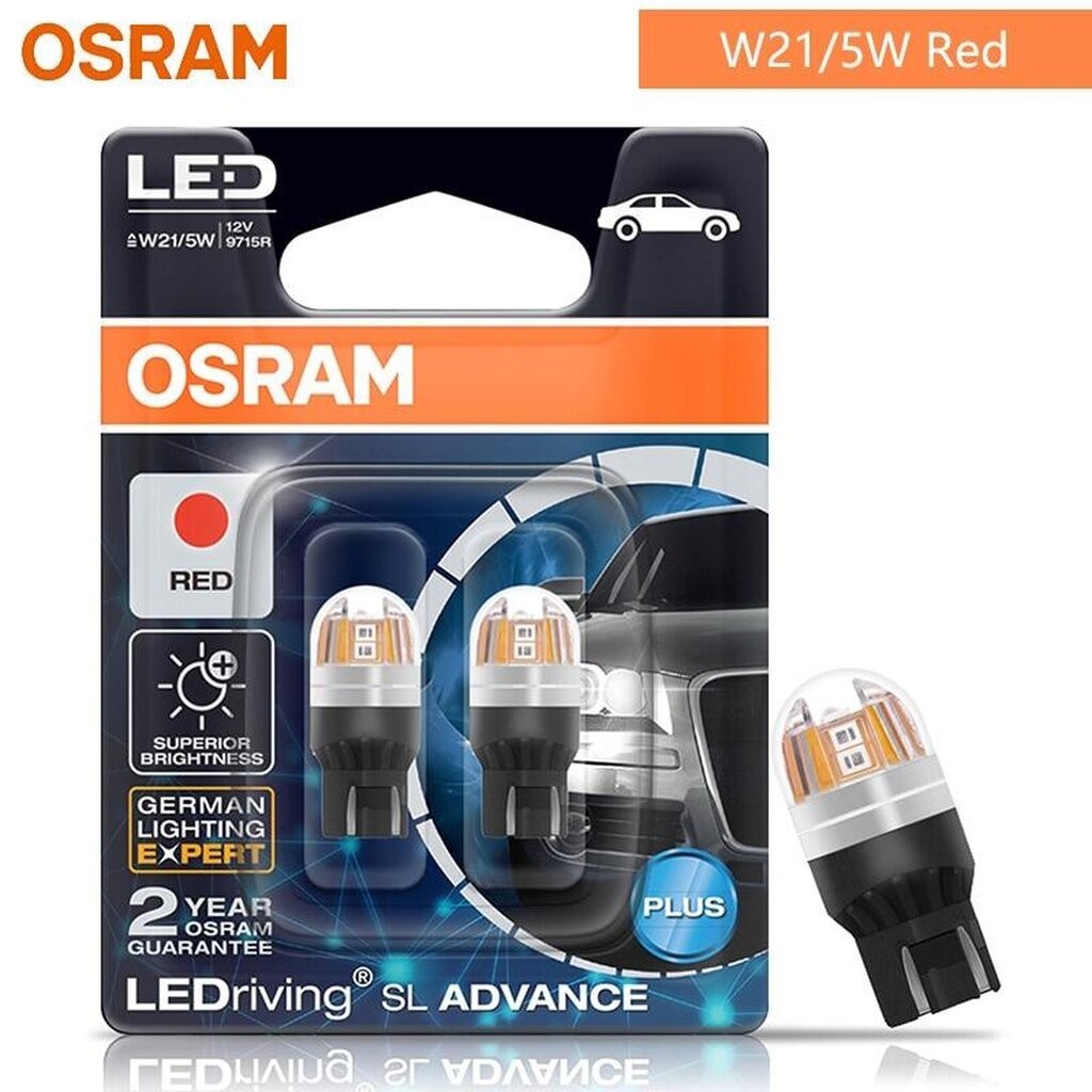 OSRAM LEDriving หลอดไฟเบรค LED รถยนต์ T20 W21/5W แบบเสียบ 2 จุด สำหรับไฟเบรค สีแดง T20, W21/5W