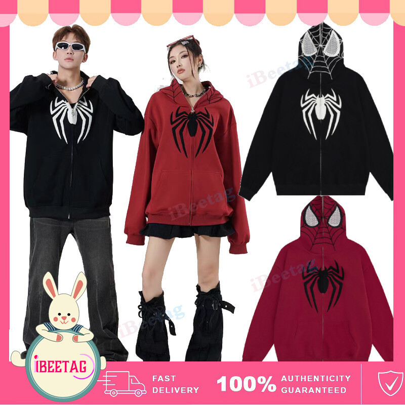 Y2K Spider-Man ปักซิป Hoodie Vintage Gothic หลวม Street แจ็คเก็ต Unisex เสื้อกันหนาว Cool Boy คู่ Ho
