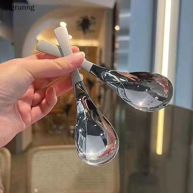 Bigrunng ทางเลือกอื่น ช้อนสแตนเลสเกาหลีด้ามยาวบนโต๊ะอาหารข้นกวนน้ําแข็งช้อนอาหารช้อนอาหารค่ําในครัวเรือนช้อนส้อมขนม ดร SG