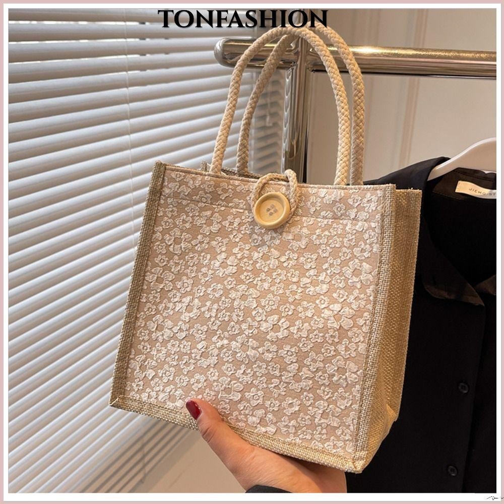 Tonfashion กระเป๋าถือ ผ้าลินิน ทรงโท้ท ใส่กล่องอาหารกลางวัน ใช้ซ้ําได้ สไตล์ฝรั่งเศส เรียบง่าย สําหรับผู้หญิง