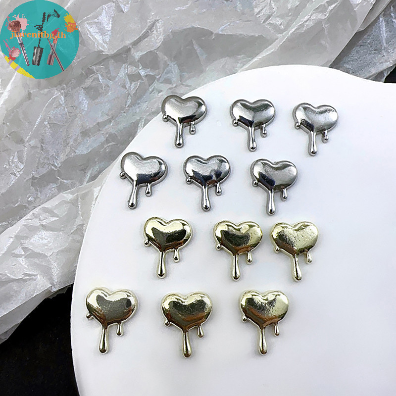 Renbg เครื่องประดับตกแต่งเล็บ รูปหัวใจ 3D สีทอง สีเงิน DIY 10 ชิ้น ต่อถุง