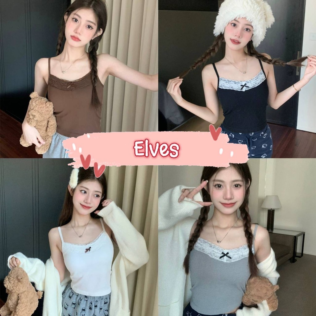 Elves พร้อมส่ง เสื้อสายเดี่ยว มีฟองน้ำ ขอบลูกไม้ติดโบว์ ~FY2050/FY311New~ -H