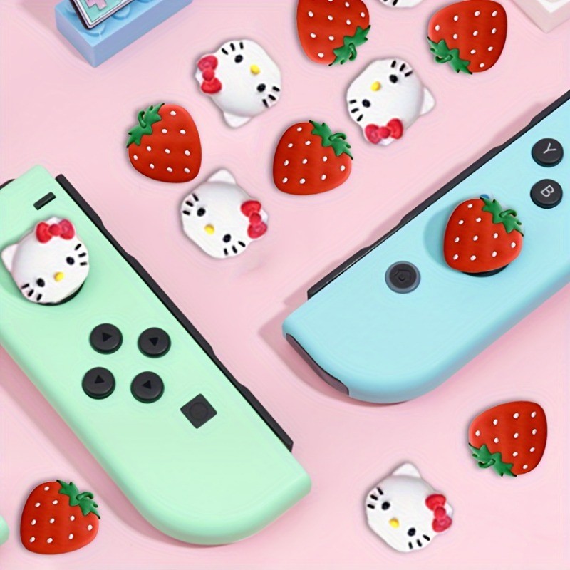 4 ชิ้น / เซต Sanrio Hellokitty น่ารัก สตรอเบอร์รี่ ซิลิโคน อะนาล็อก ฝาครอบนิ้วหัวแม่มือ สําหรับ Nintendo Switch & Switch OLED / Lite NS JoyCon จอยสติ๊ก ฝาครอบป้องกัน