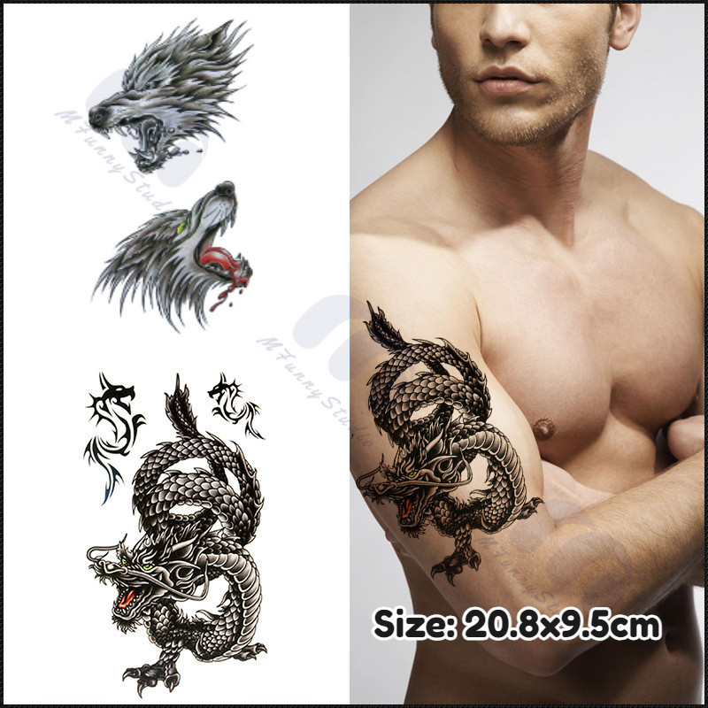 【MF Magic Tattoo】สติกเกอร์รอยสักชั่วคราว ลายมังกรเฮนน่า สีดํา กันน้ํา สําหรับผู้ชาย