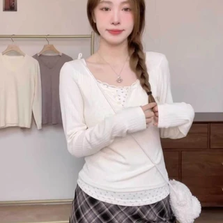 เสื้อยืดแขนยาว แบบเย็บติดกันสองชิ้น ลายดอกไม้มินิมอล
