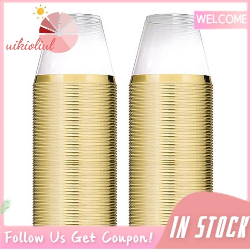 {Uikioliu } แก้วไวน์พลาสติกใส แบบใช้แล้วทิ้ง 9 ออนซ์ สีทอง สําหรับปาร์ตี้