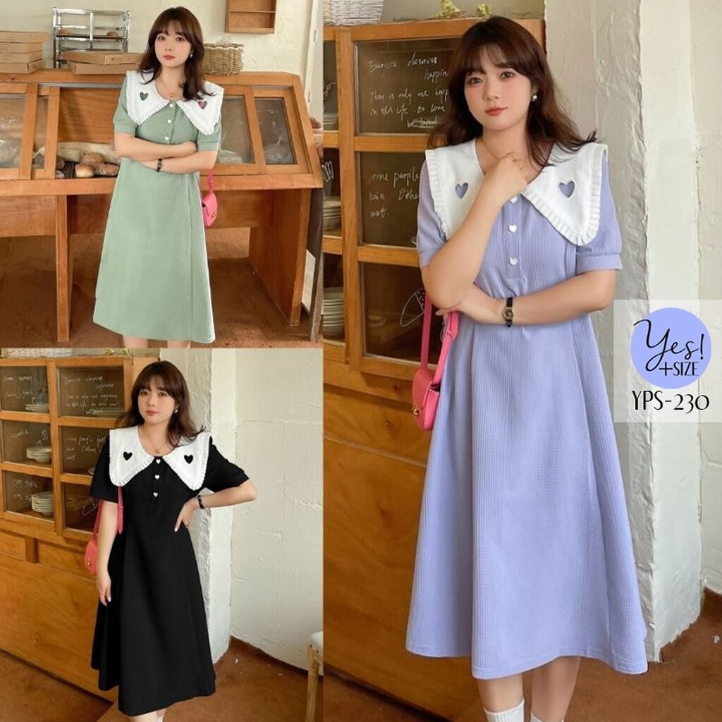 ชุดเดรสยาวสาวอวบ อก 38-48 นิ้ว เดรสผ้าวาฟเฟิล คอปกใหญ่ขาวระบายฉลุหัวใจ สีเขียว/ม่วง/ดำ YPS-230