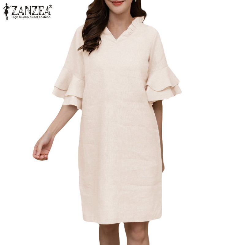 Zanzea ชุดเดรส คอวี ผ่าข้าง แขนครึ่ง สีพื้น สไตล์วินเทจ สําหรับผู้หญิง
