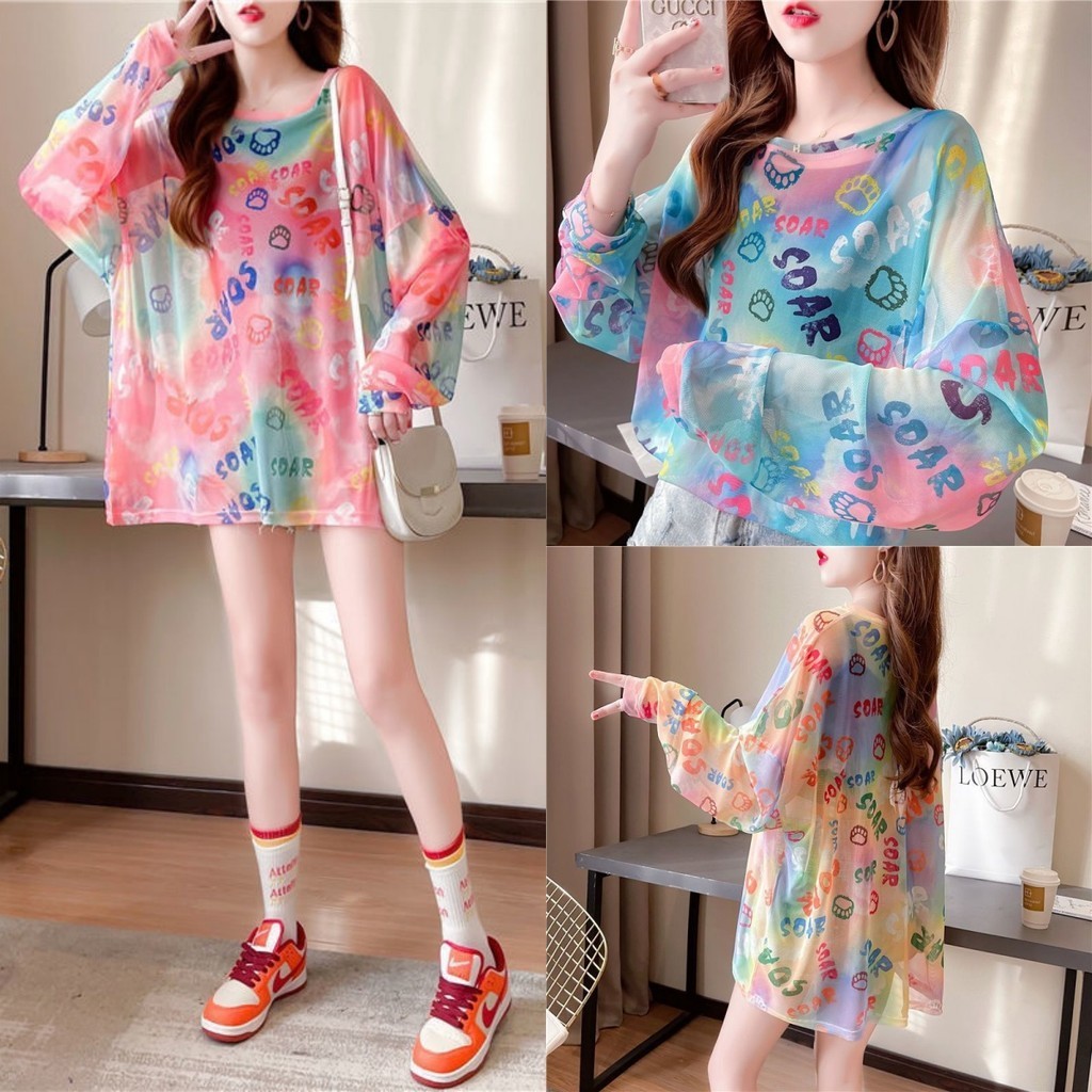 ใหม่ เสื้อยืดลําลอง แขนยาว คอกลม ป้องกันแดด สีมัดย้อม แฟชั่นฤดูร้อน สําหรับสตรี 2024