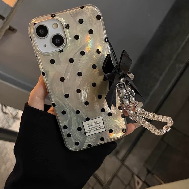 เคสโทรศัพท์มือถือ แบบนิ่ม ลายจุด สีดํา พร้อมสายคล้อง สําหรับ iPhone 15 14 13 12 11 Pro Max X Xr Xs Max 7 8 Plus SE2020