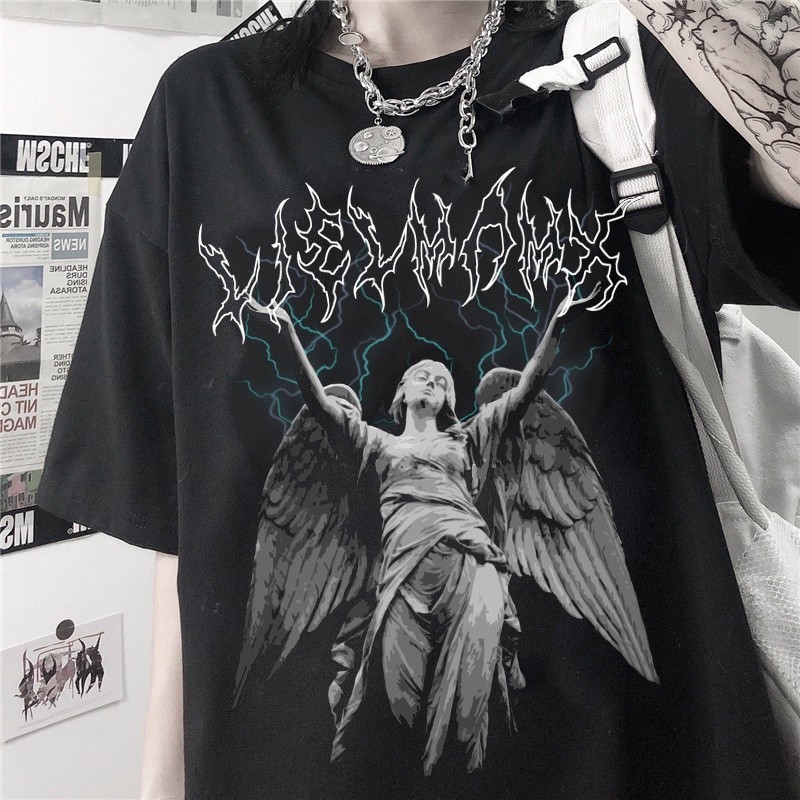 เสื้อยืด พิมพ์ลายตัวอักษร Emo Lightning Angel สไตล์ฮิปฮอป ฮาราจูกุ พังก์ ฮิปฮอป สตรีท เกาหลี สําหรับผู้หญิง Y2k