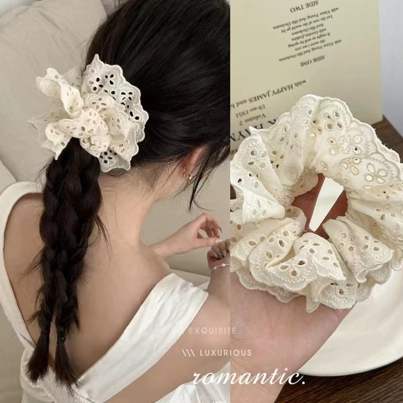 ยางรัดผม ผ้าลูกไม้ ขนาดใหญ่ สีขาว สไตล์เกาหลีใต้ สําหรับตกแต่งผม