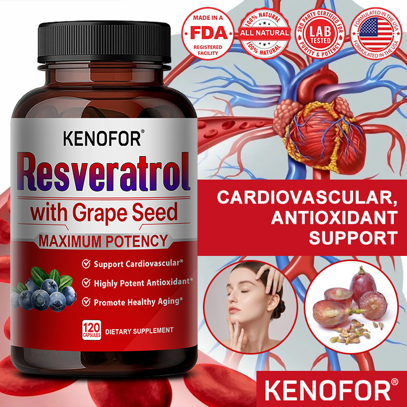 Kenofor อาหารเสริมสารต้านอนุมูลอิสระ Trans-Resveratrol พร้อมสารสกัดจากเมล็ดองุ่น เพื่อช่วยให้ระบบย่อยอาหารและระบบภูมิคุ้มกัน 120 แคปซูล