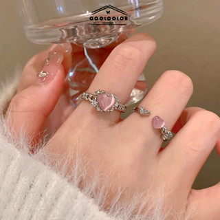 ในไทย💖แหวนการเปิดสีชมพูตาแมวหัวใจเพทายแฟชั่นสไตล์เกาหลีบุคลิ…