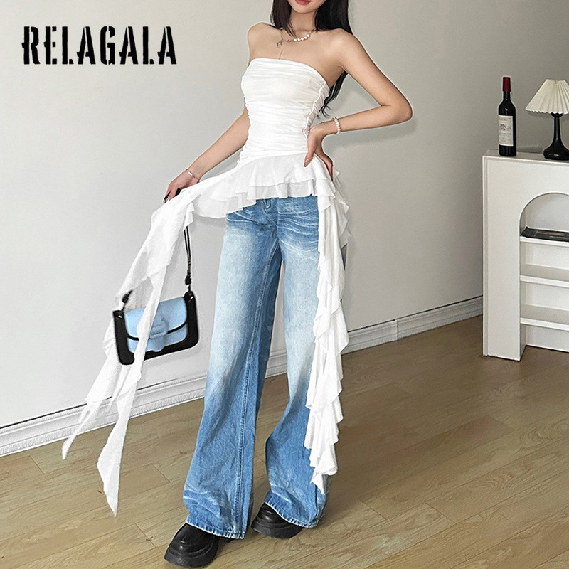 RelaGala ผู้หญิงใหม่สีทึบ Slim Street แฟชั่นปิดไหล่แขนกุดจีบด้านบน — صورة 5