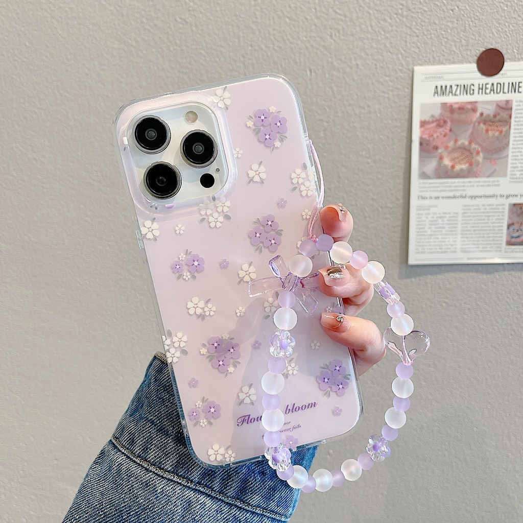 เคสโทรศัพท์มือถือ กันกระแทก ลายดอกไม้ สีม่วง พร้อมสายคล้อง สองด้าน สําหรับ Apple IPhone 15 14 13 12 11 Pro Max