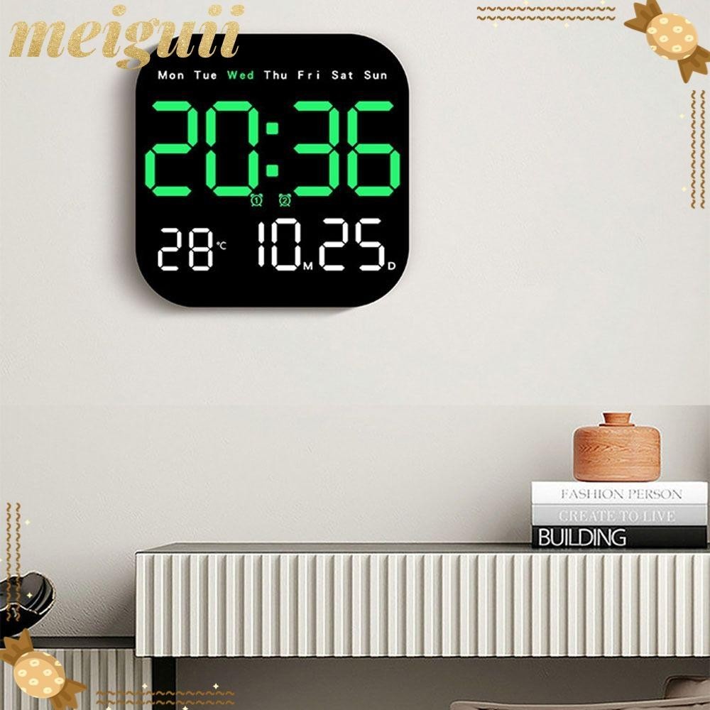 Meiguii 12 24 ชั่วโมงปฏิทิน LED นาฬิกาดิจิตอลแสดงวันที่อุณหภูมิสำหรับห้องนอนปลุกนาฬิกาติดผนังขนาดใหญ่