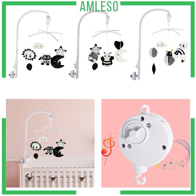 [Amleso] โมบายเขย่าแล้วมีเสียง หมุนได้ สีดํา และสีขาว สําหรับตกแต่งเปลเด็กทารกแรกเกิด