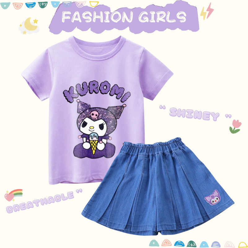 SANRIO ชุดเสื้อยืด ผ้าฝ้าย และผ้ายีน แบบนิ่ม ปักลายการ์ตูนซานริโอ้น่ารัก แฟชั่นฤดูร้อน สําหรับเด็กผู้หญิง