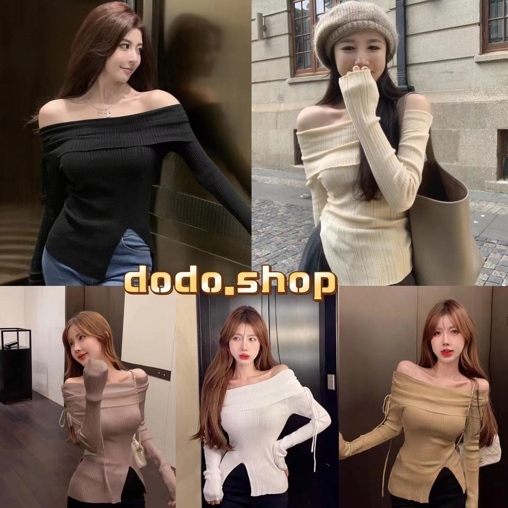 DoDo*สินค้าใหม่พร้อมส่ง*เสื้อปาดไหล่ไหมพรมเกาหลี ผ้าร่อง ดีเทลผ่าข้างสีพื้น ใส่สบาย(98117-5)