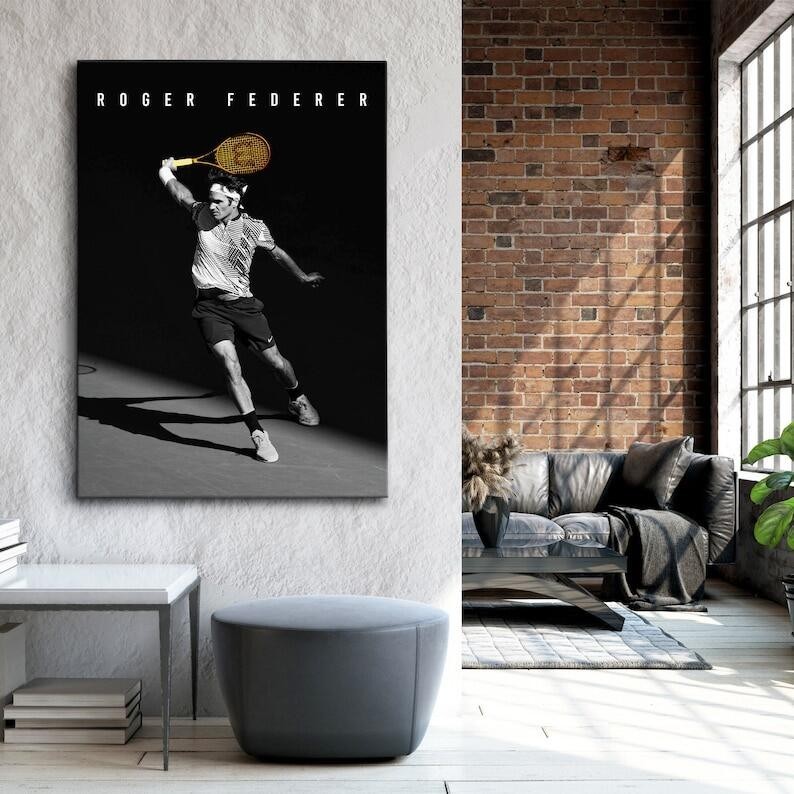 Canvas โปสเตอร์ผ้าใบ ลาย Art Roger Federer Tennis Legend Wimbledon สีทอง สไตล์โมเดิร์น สําหรับตกแต่งผนังบ้าน สํานักงาน