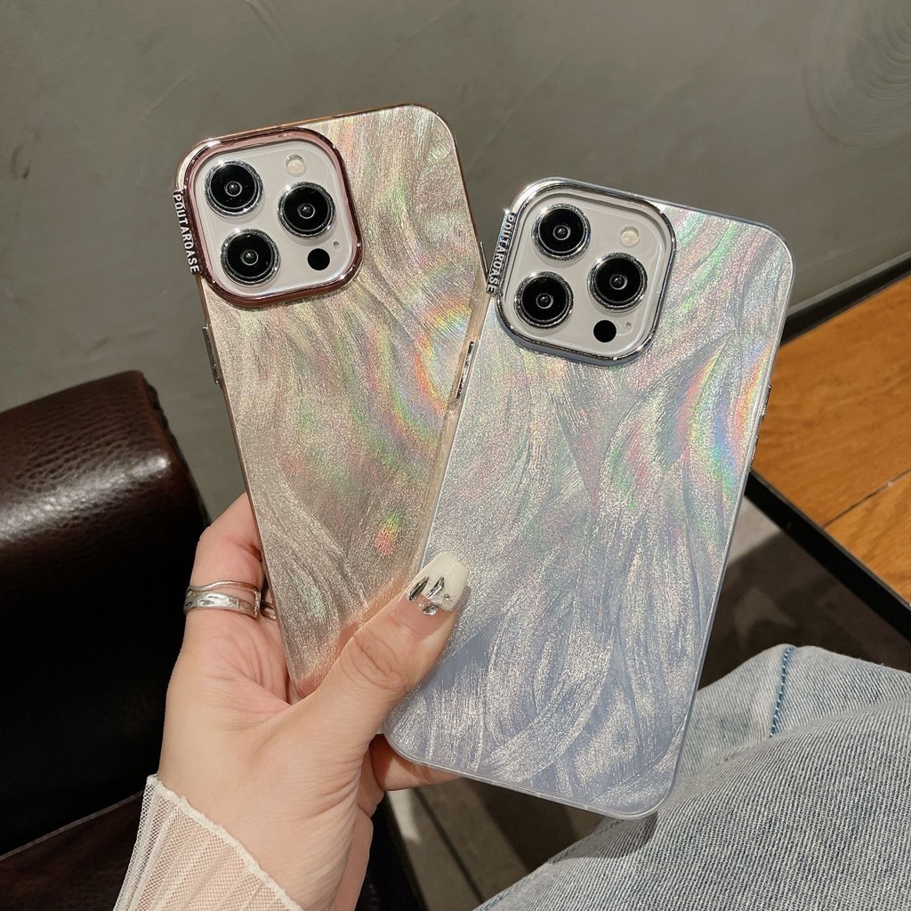 Luxury Plated Silver Pink Laser Chiffon Pattern Phone Case For iPhone 15 Pro Max 14Promax Plus 12 13 pro max 11 XSMax XR XS X Fashion Shockproof imd Casing Women Girly Cover