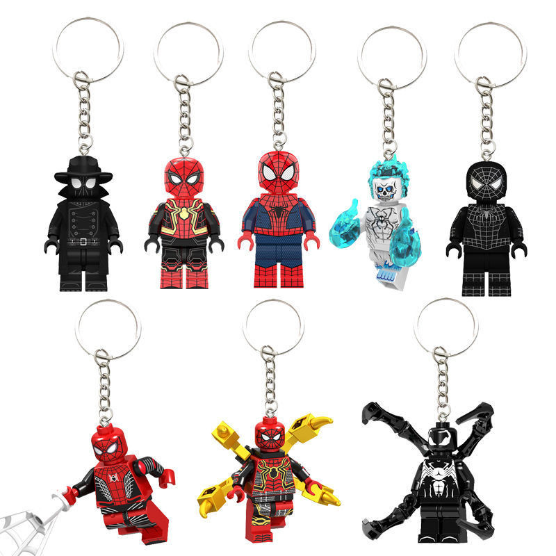 Spider-man minifigure เข้ากันได้กับพวงกุญแจบล็อกตัวต่อจี้กระเป๋านักเรียนสร้างสรรค์อินเทอร์เน็ตคนดังคู่ผู้ชายและผู้หญิงของขวัญของเล่นบล็อกตัวต่อ