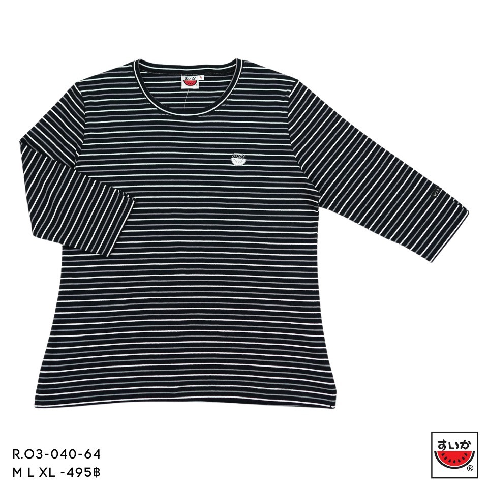 เสื้อแตงโม (SUIKA) - เสื้อแตงโม ริ้วคอกลมแขนสามส่วน ปักแตงโมตรงอก (R.O3-040) — صورة 2
