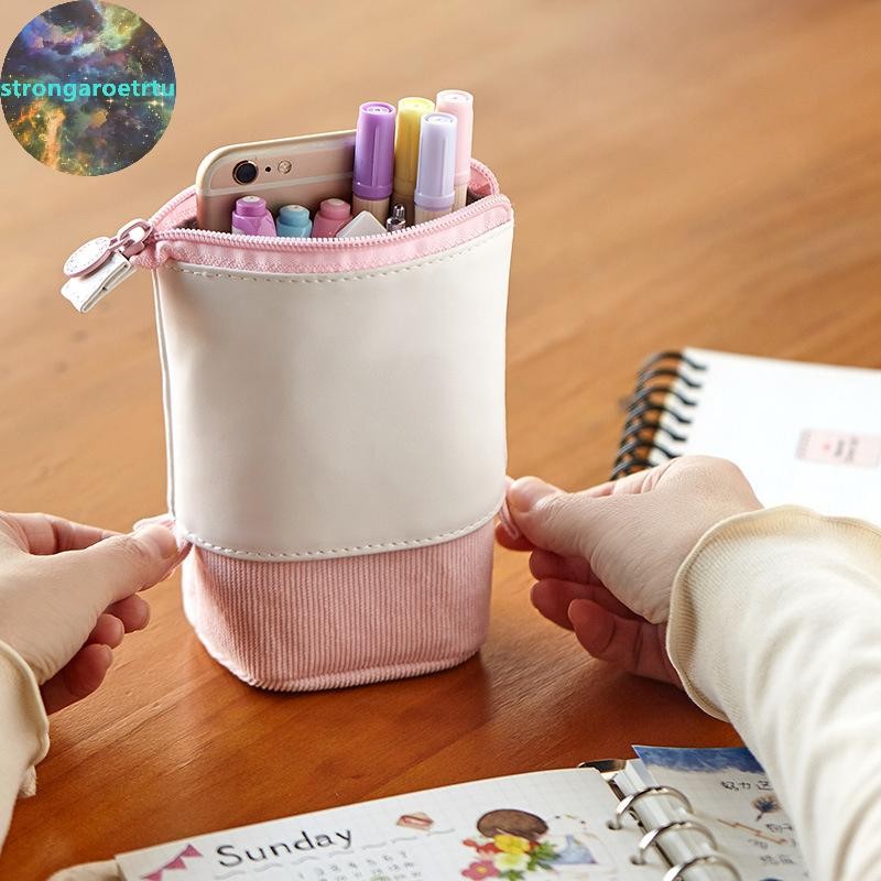 Strongaroetrtu Corduroy Pencil Case Retractable Pull-down สําหรับนักเรียนมัธยมต้นและอาวุโสเก็บเครื่องเขียนและดินสอ TH