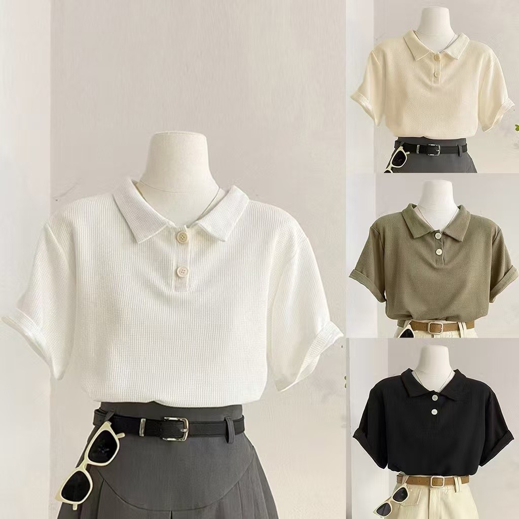 เสื้อโปโลผู้หญิง ผ้าวาฟเฟิล สไตล์ลำลอง สีพื้น (หลากสี) A13