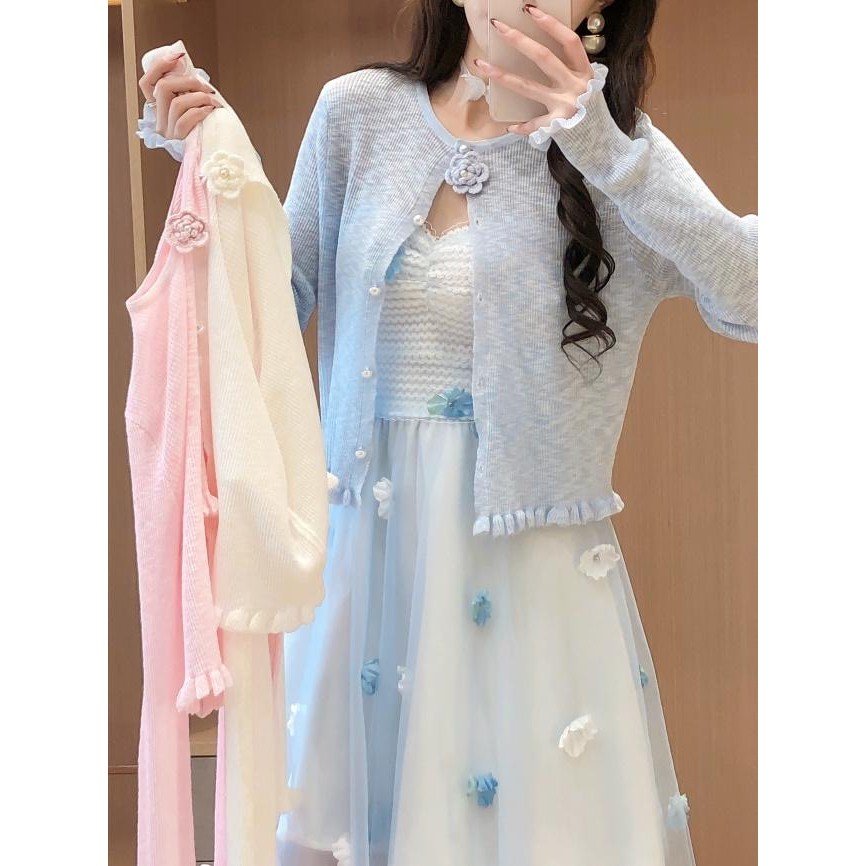 ฤดูร้อนสไตล์ใหม่ ทั้งหมด-จับคู่ ลูกไม้รอบคอปุ่มครีมกันแดดถักเสื้อสเวตเตอร์ถักผู้หญิง